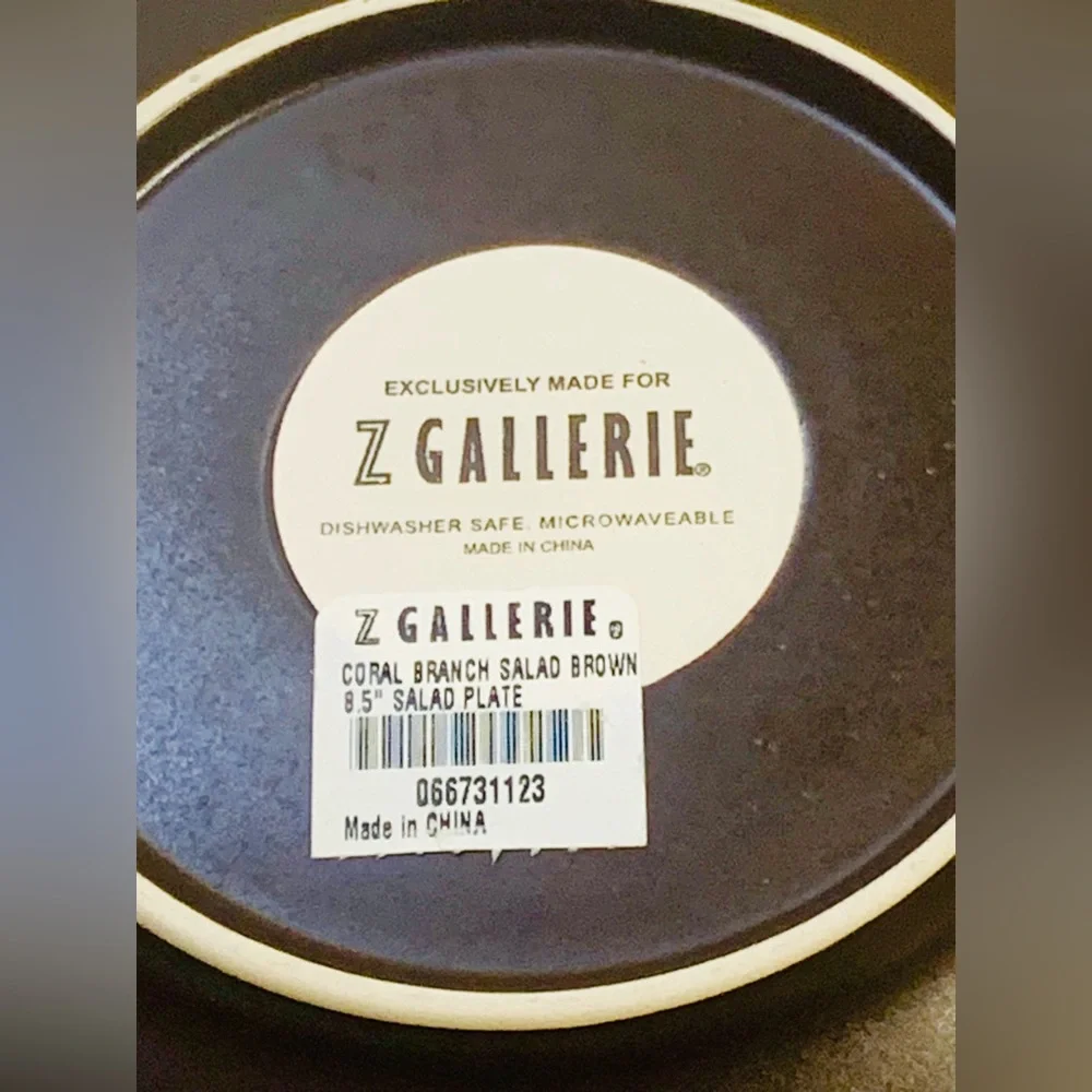 Z GALLERIE CORAL BRANCH SALAD PLATE BROWN WITH CREAM 8.5 IN NEW ROUND